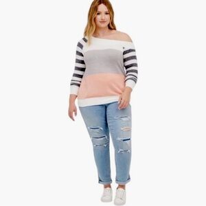 Torrid Off-Shoulder Striped Sweater in Gray, White, and Pink